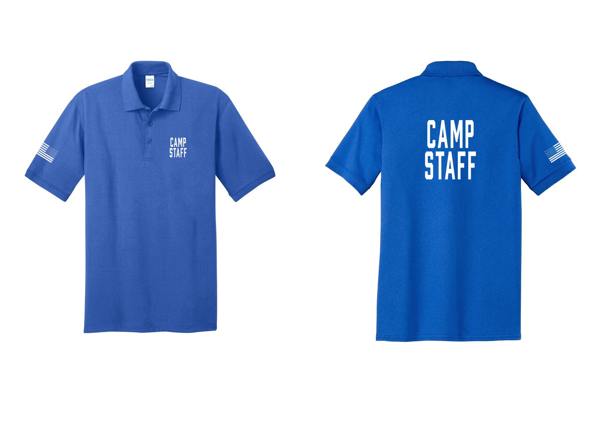 NYC Factory Camp Staff Polo Shirt (Classic) - Chest + Back + US Flag Sleeve - Royal