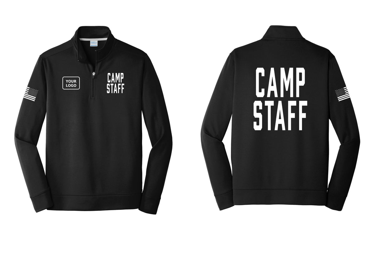 NYC Factory Custom Logo Camp Staff Performance Fleece 1/4-Zip Pullover Sweatshirt (Classic) - CAMP STAFF + Your Logo + Back + US Flag Sleeve - Black