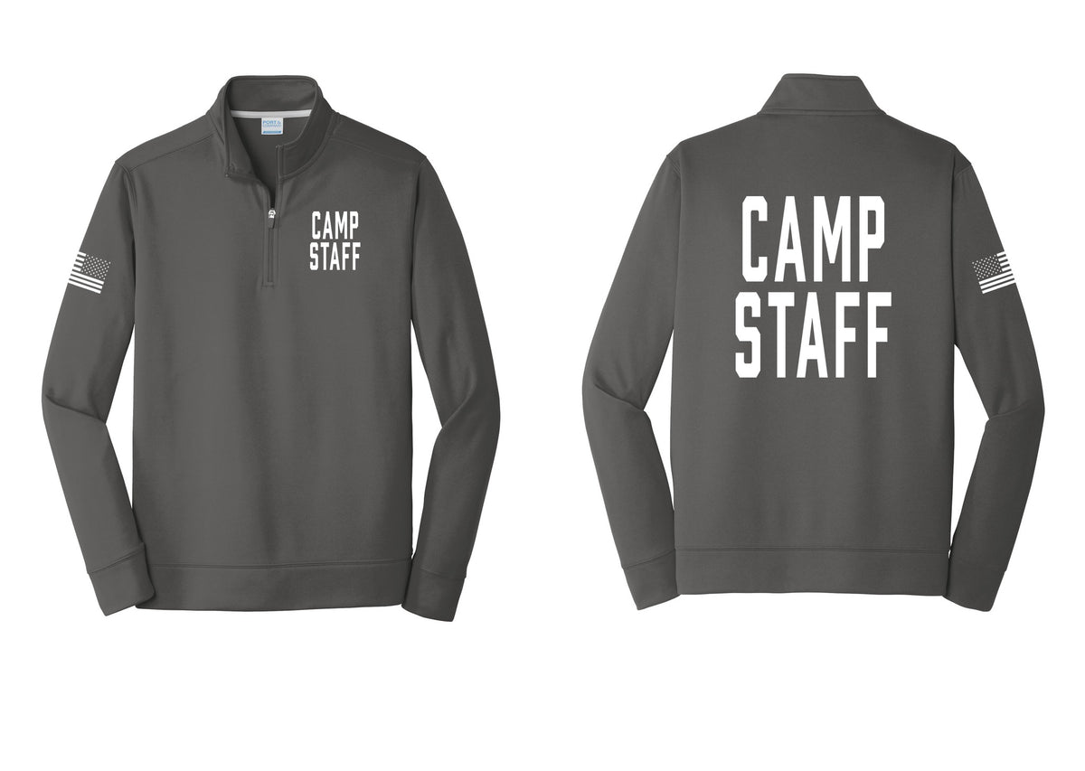 NYC Factory Camp Staff Performance Fleece 1/4-Zip Pullover Sweatshirt (Classic) - Chest + Back + US Flag Sleeve - Charcoal