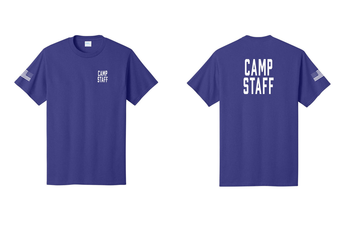 NYC Factory Camp Staff T-Shirt, Condensed Lettering - Chest + Back + US Flag Sleeve - Purple