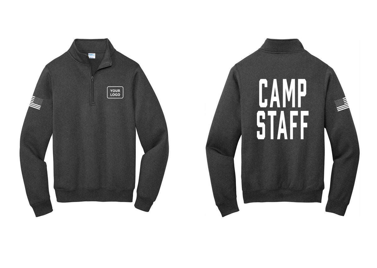 NYC Factory Custom Logo Camp Staff Cotton Fleece 1/4-Zip Pullover Sweatshirt (Classic) - Your Logo + Back + US Flag Sleeve - Dark Heather Grey