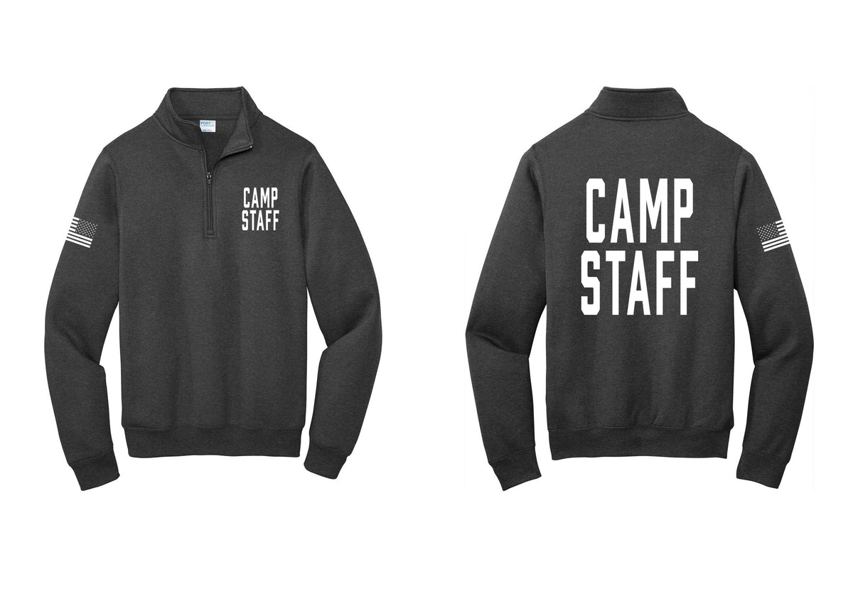 NYC Factory Camp Staff Cotton Fleece 1/4-Zip Pullover Sweatshirt (Classic) - Chest + Back + US Flag Sleeve - Dark Heather Grey