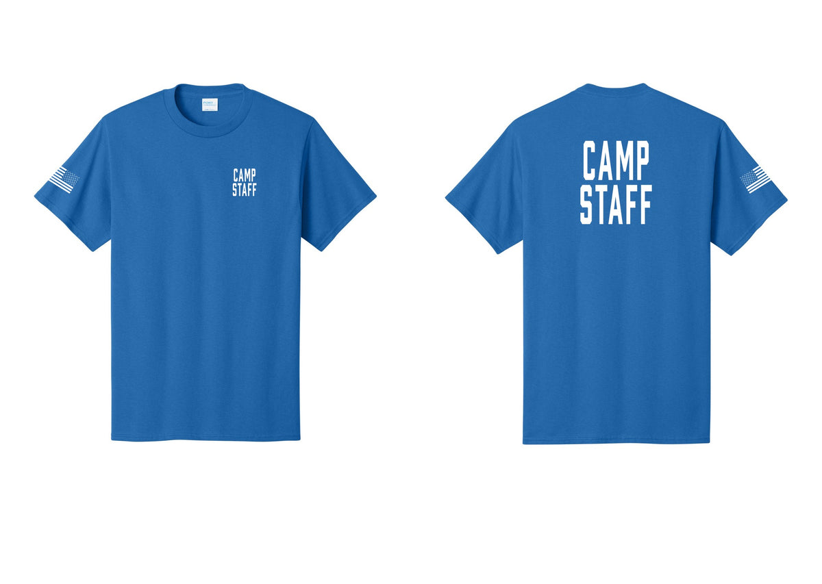 NYC Factory Camp Staff T-Shirt, Condensed Lettering - Chest + Back + US Flag Sleeve - Royal