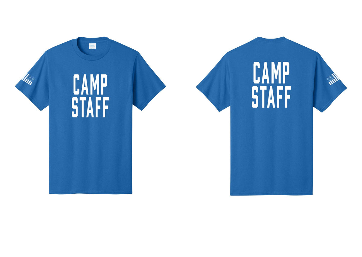 NYC Factory Unisex Camp Staff Classic T-Shirt - Front + Back + US Flag Sleeve - Royal