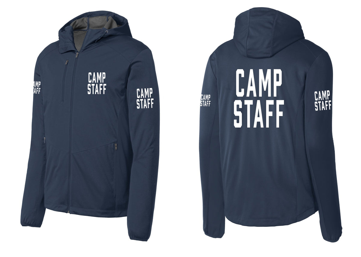 NYC Factory Camp Staff Soft Shell Hooded Jacket (Classic) - Chest + Back + Camp Staff Sleeves - Dress Blue Navy