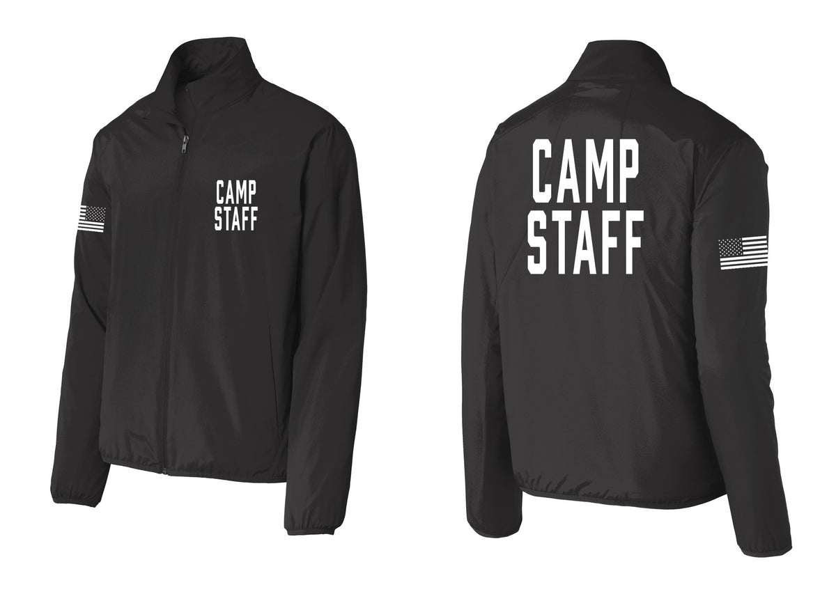 NYC Factory Camp Staff Windbreaker Full-Zip Jacket (Classic) - Chest + Back + US Flag Sleeve - Black