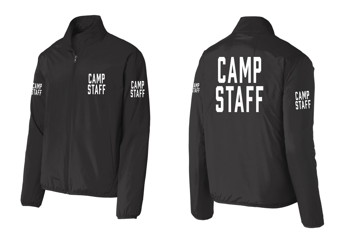 NYC Factory Camp Staff Windbreaker Full-Zip Jacket (Classic) - Chest + Back + Camp Staff Sleeves - Black