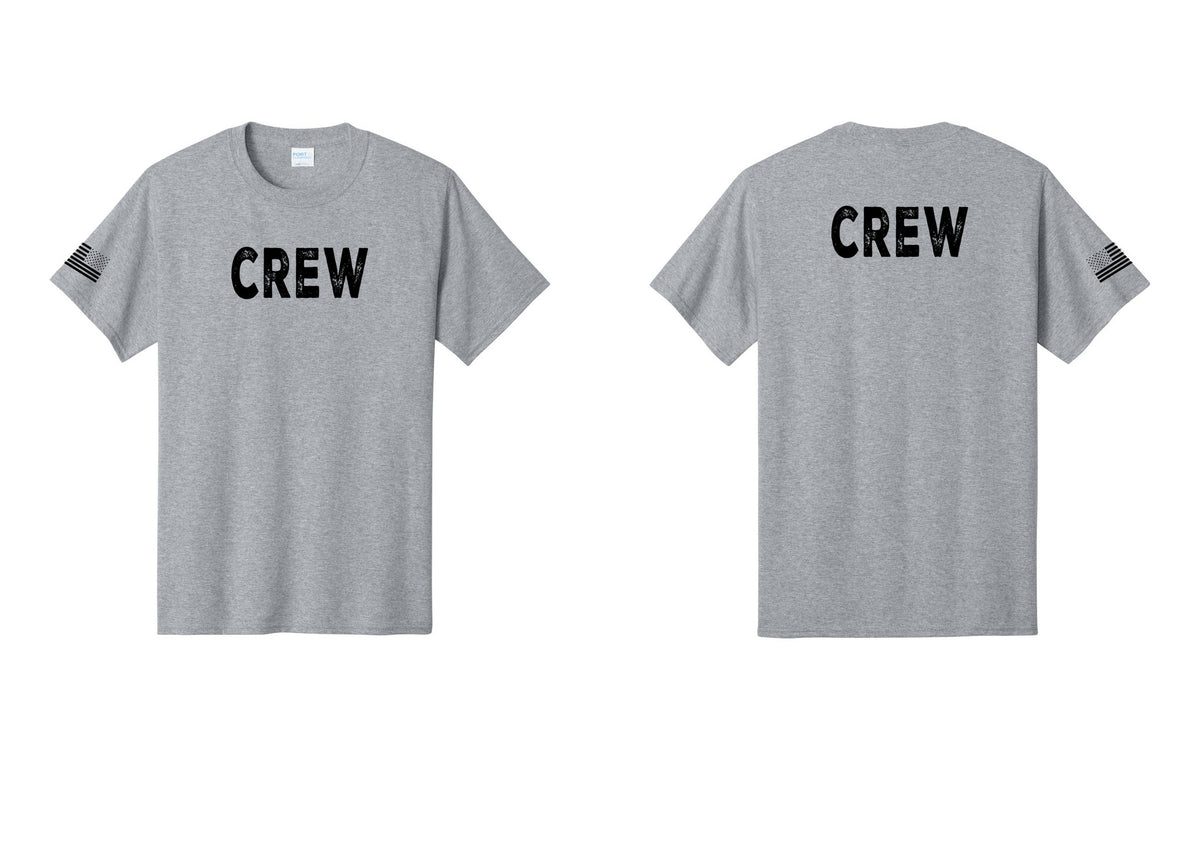 NYC Factory Crew T-Shirt, Rustic Lettering - Front + Back + US Flag Sleeve - Athletic Heather