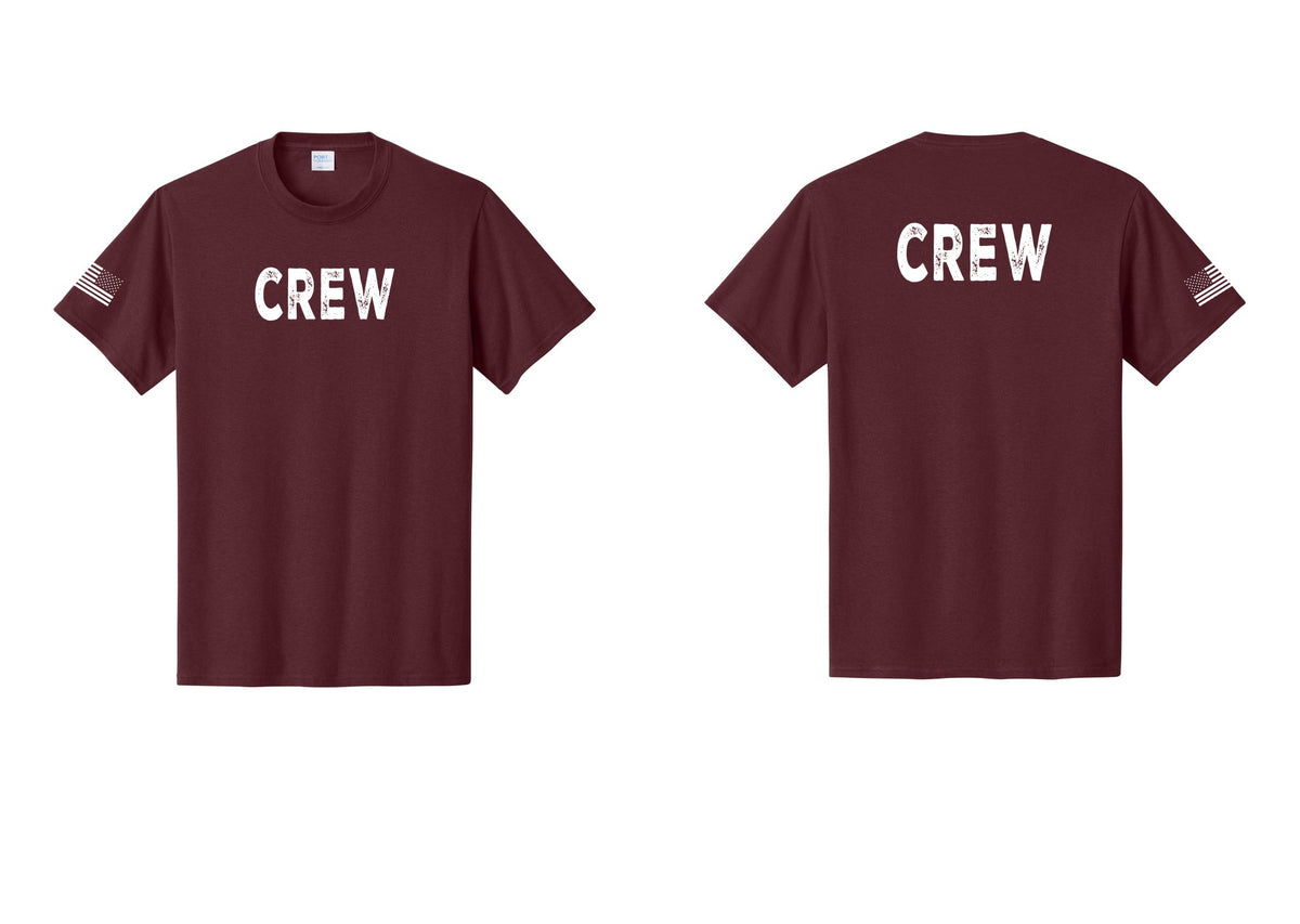 NYC Factory Crew T-Shirt for Event Staff & Production Teams (Rustic) - Front + Back + US Flag Sleeve - Athletic Maroon