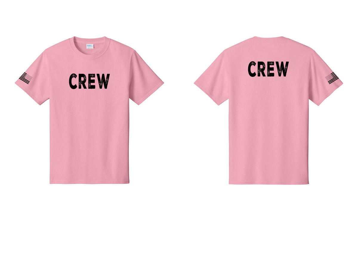 NYC Factory Crew T-Shirt, Rustic Lettering - Front + Back + US Flag Sleeve - Candy Pink