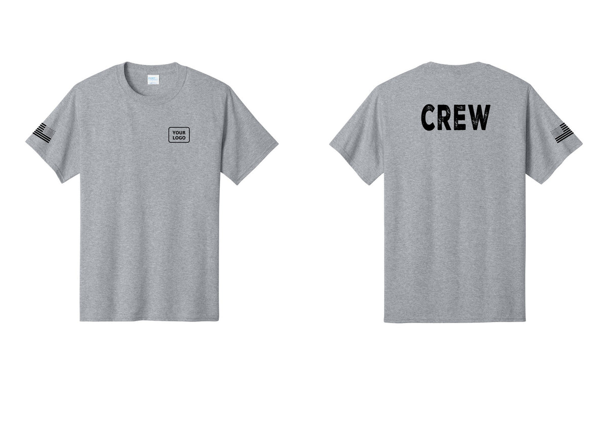 NYC Factory Custom Logo Crew T-Shirt, Rustic Lettering - Your Logo + Back + US Flag Sleeve - Athletic Heather