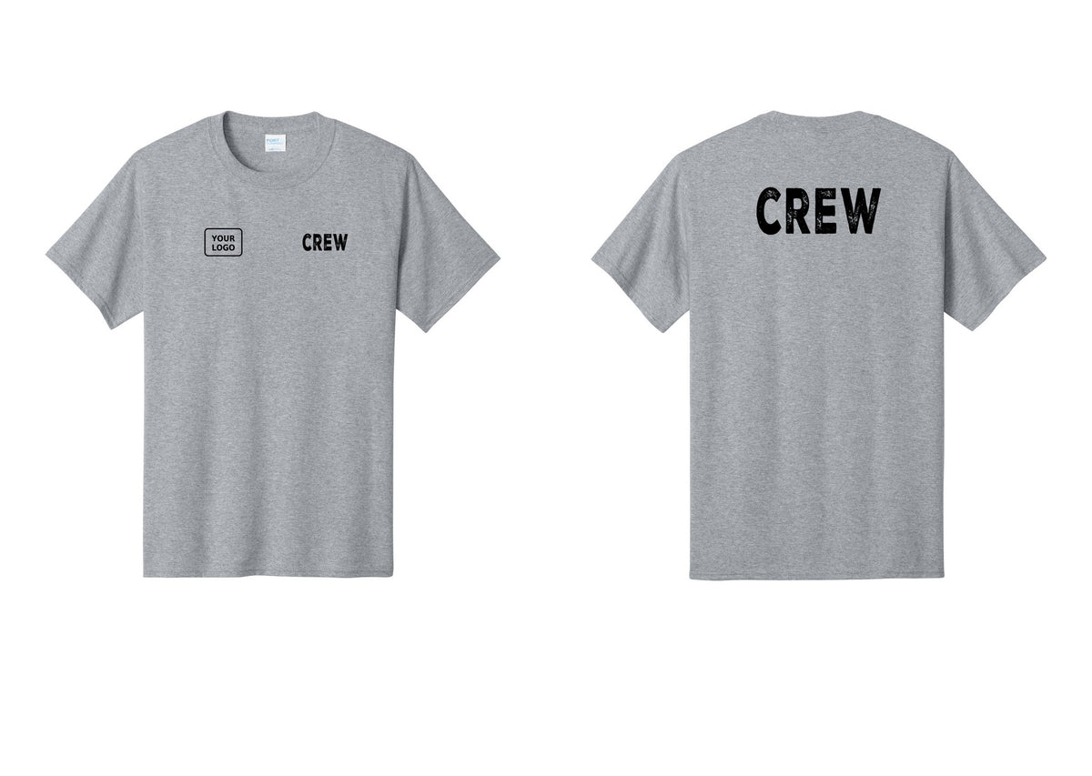 NYC Factory Custom Logo Crew T-Shirt, Rustic Lettering - CREW + Your Logo + Back - Athletic Heather