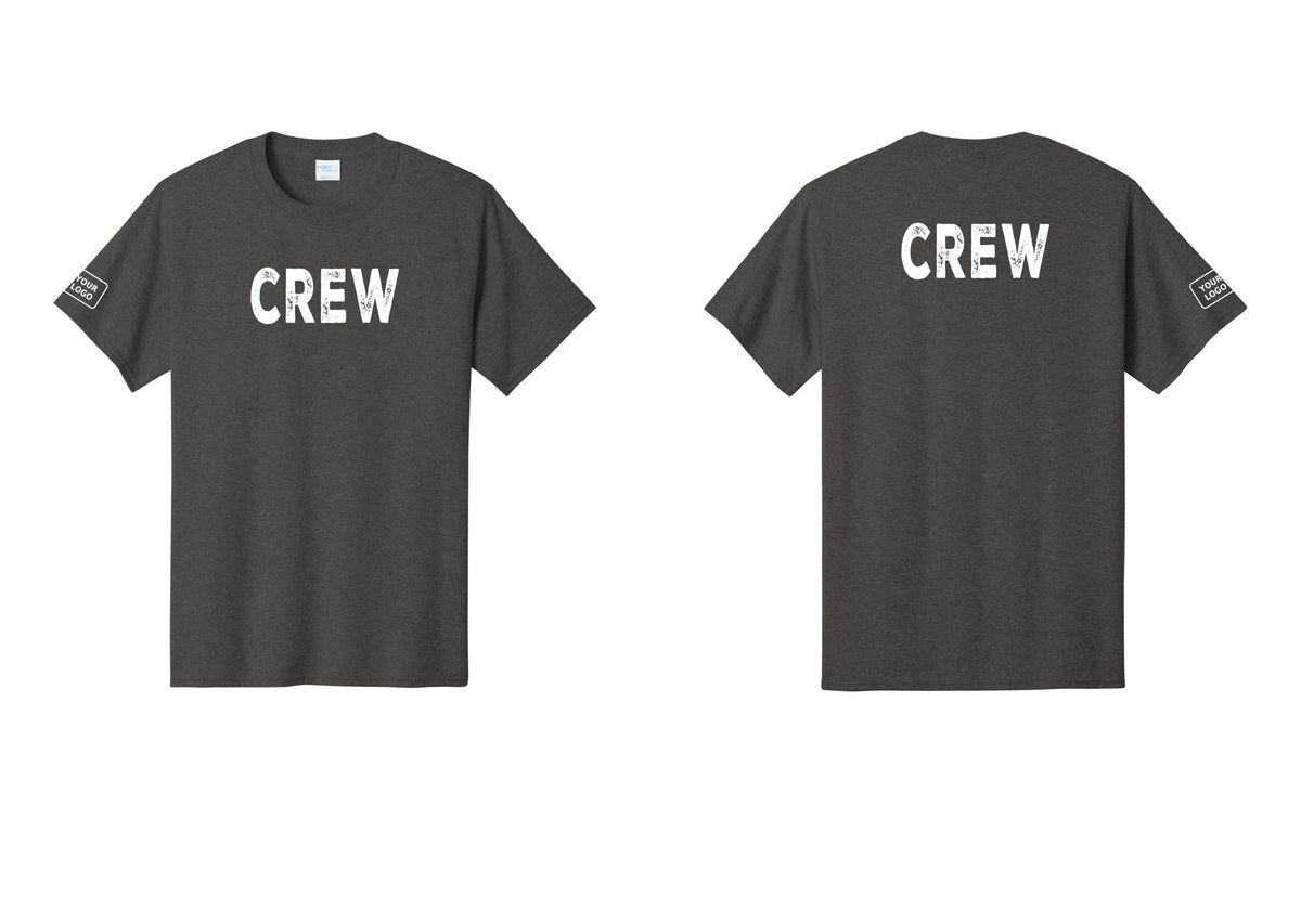 NYC Factory Custom Logo Crew T-Shirt, Rustic Lettering - Front + Back + Your Logo Sleeve - Dark Heather Grey