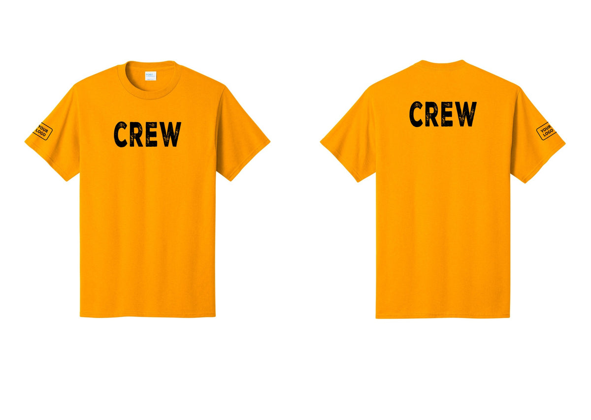 NYC Factory Custom Logo Crew T-Shirt, Rustic Lettering - Front + Back + Your Logo Sleeve - Gold