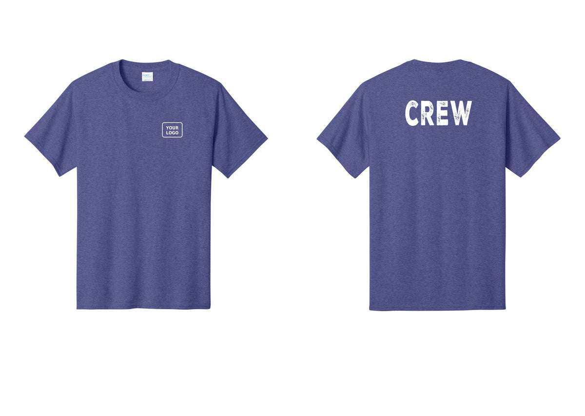 NYC Factory Custom Logo Crew T-Shirt, Rustic Lettering - Your Logo + Back - Heather Purple