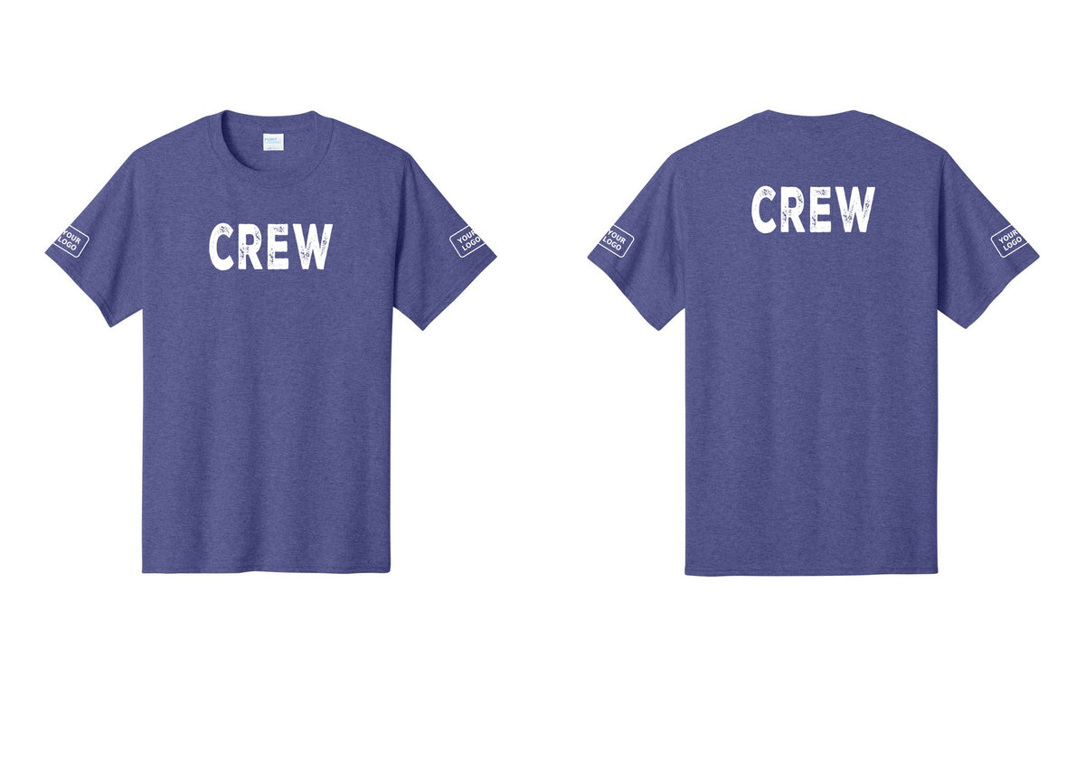 NYC Factory Custom Logo Crew T-Shirt, Rustic Lettering - Front + Back + Your Logo Sleeves - Heather Purple