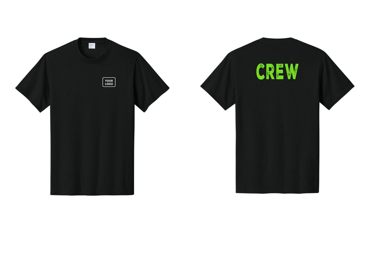 NYC Factory Custom Logo Crew T-Shirt, Rustic Lettering - Your Logo + Back - Black / Neon
