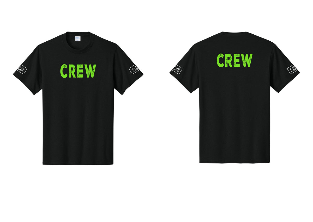 NYC Factory Custom Logo Crew T-Shirt, Rustic Lettering - Front + Back + Your Logo Sleeves - Black / Neon