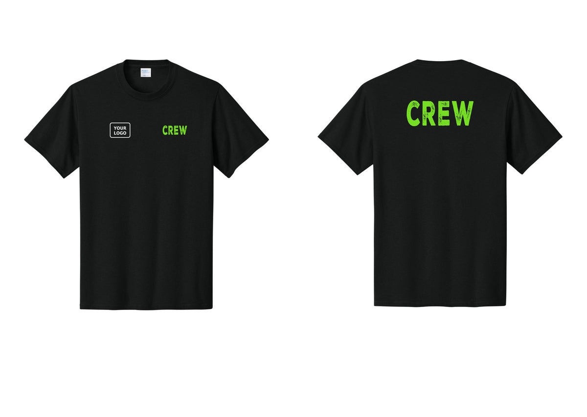 NYC Factory Custom Logo Crew T-Shirt, Rustic Lettering - CREW + Your Logo + Back - Black / Neon