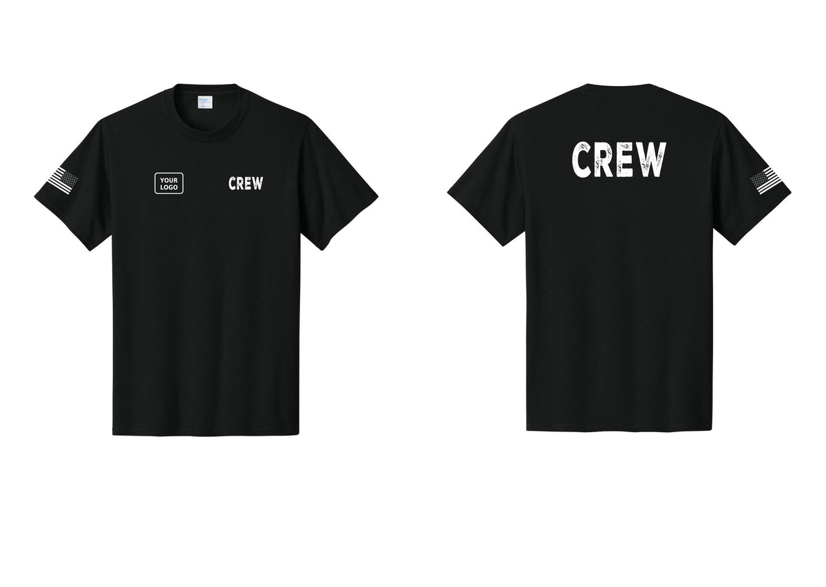 NYC Factory Custom Logo Crew T-Shirt, Rustic Lettering - CREW + Your Logo + Back + US Flag Sleeve - Black