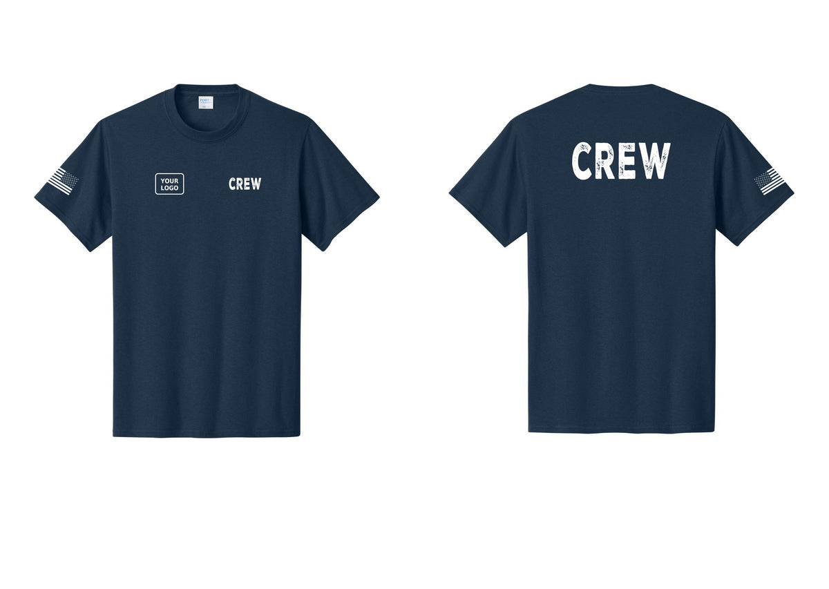 NYC Factory Custom Work Crew Uniform Tee with Your Logo (Rustic) - CREW + Your Logo + Back + US Flag Sleeve - Navy