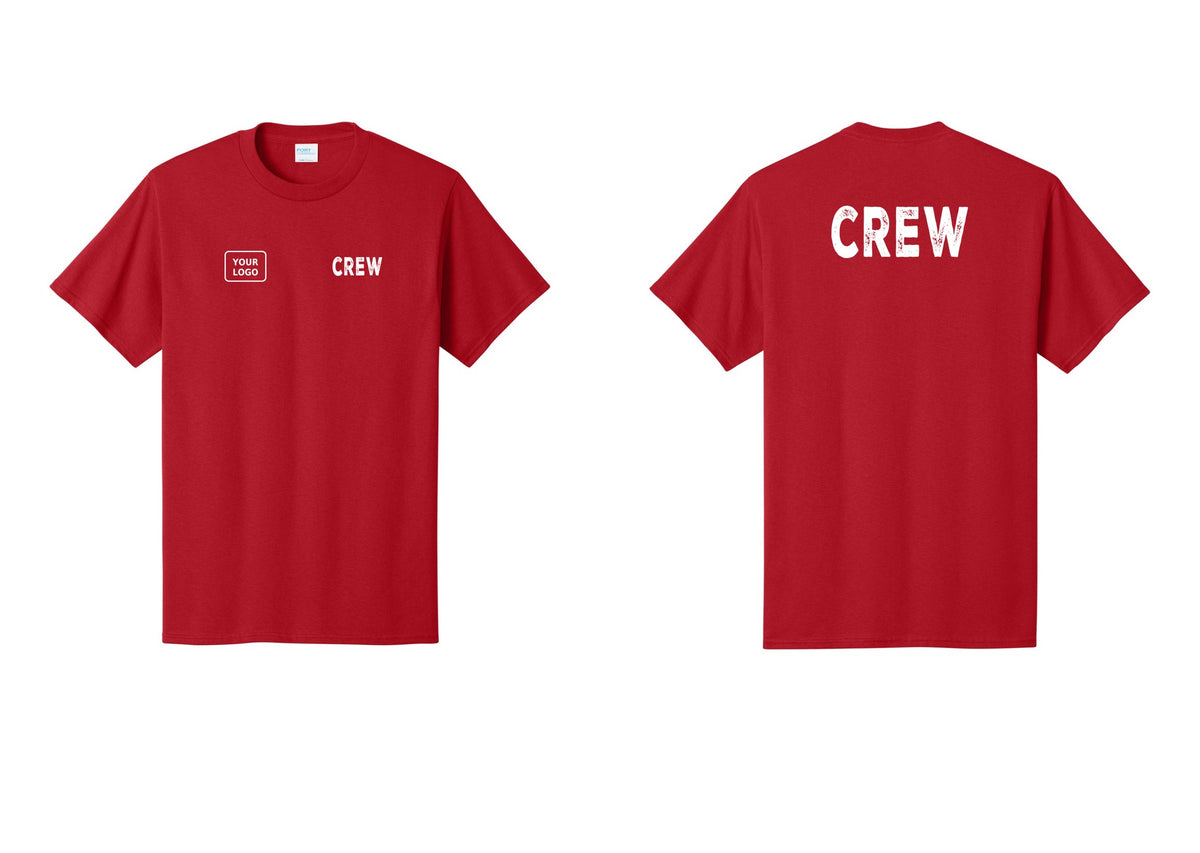 NYC Factory Custom Logo Crew T-Shirt, Rustic Lettering - CREW + Your Logo + Back - Red