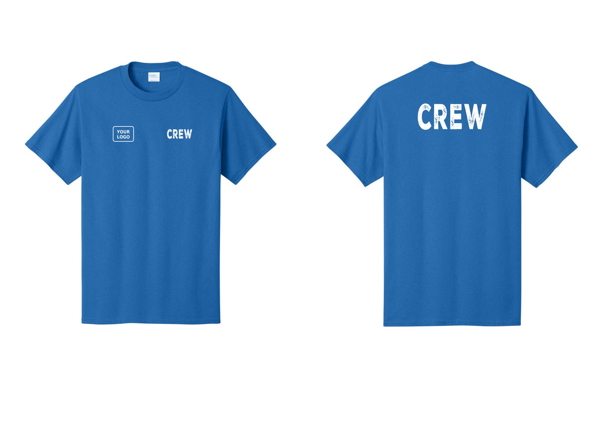 NYC Factory Custom Logo Crew T-Shirt, Rustic Lettering - CREW + Your Logo + Back - Royal