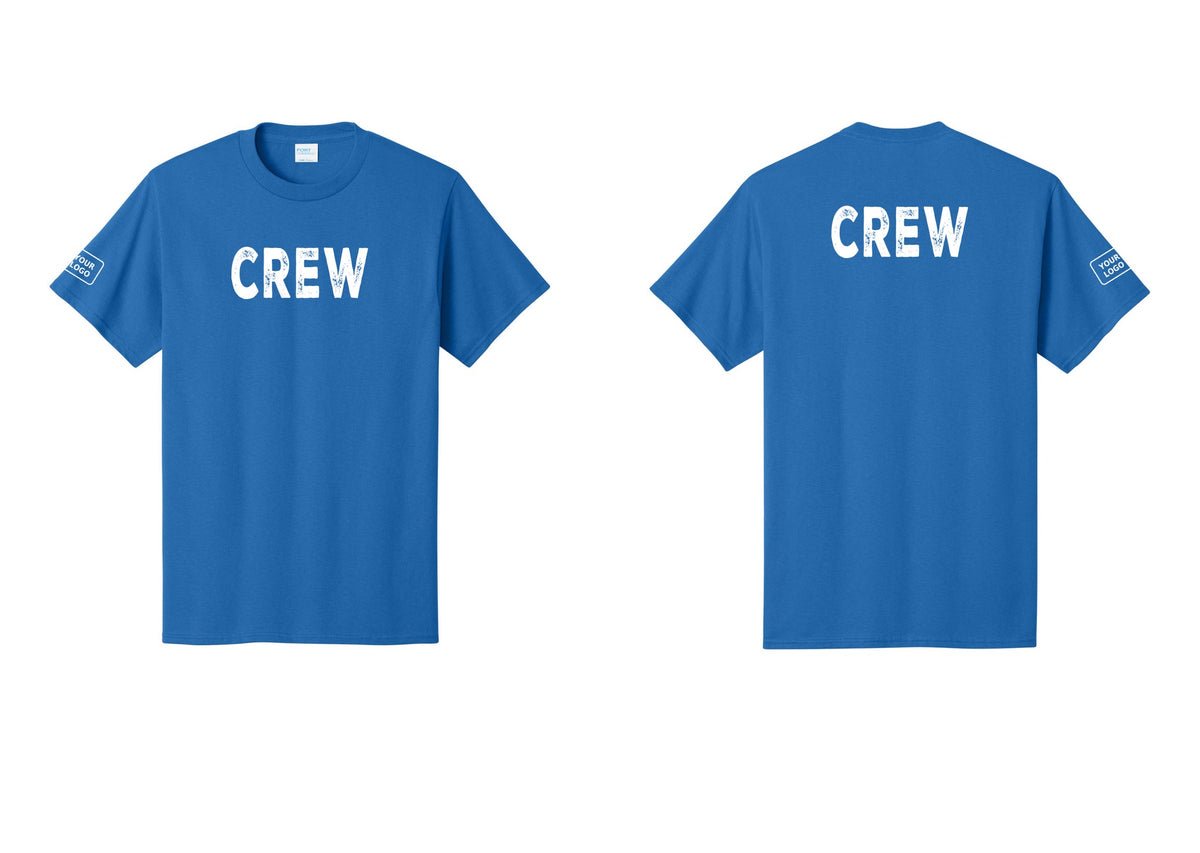 NYC Factory Custom Logo Crew T-Shirt, Rustic Lettering - Front + Back + Your Logo Sleeve - Royal