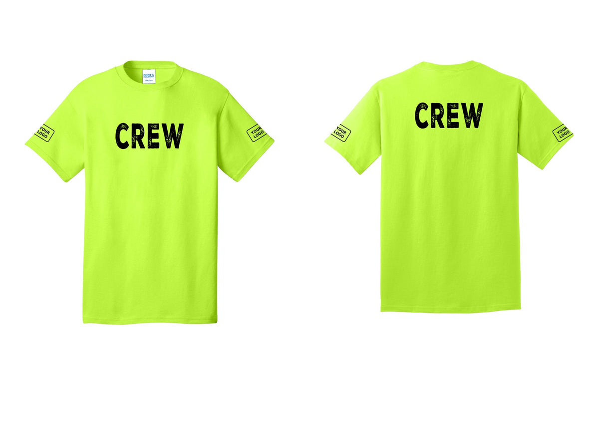 NYC Factory Custom Logo Crew T-Shirt, Rustic Lettering - Front + Back + Your Logo Sleeves - Safety Green