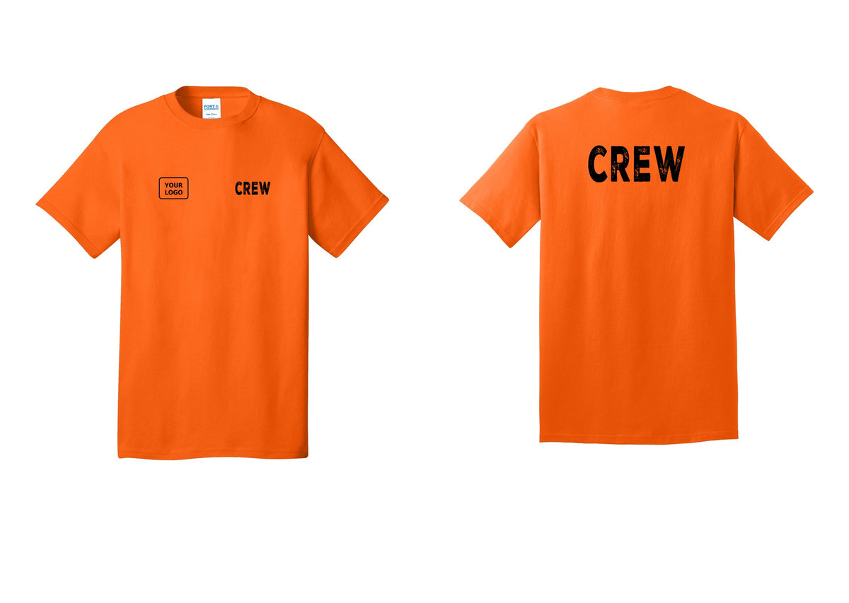 NYC Factory Custom Logo Crew T-Shirt, Rustic Lettering - CREW + Your Logo + Back - Safety Orange