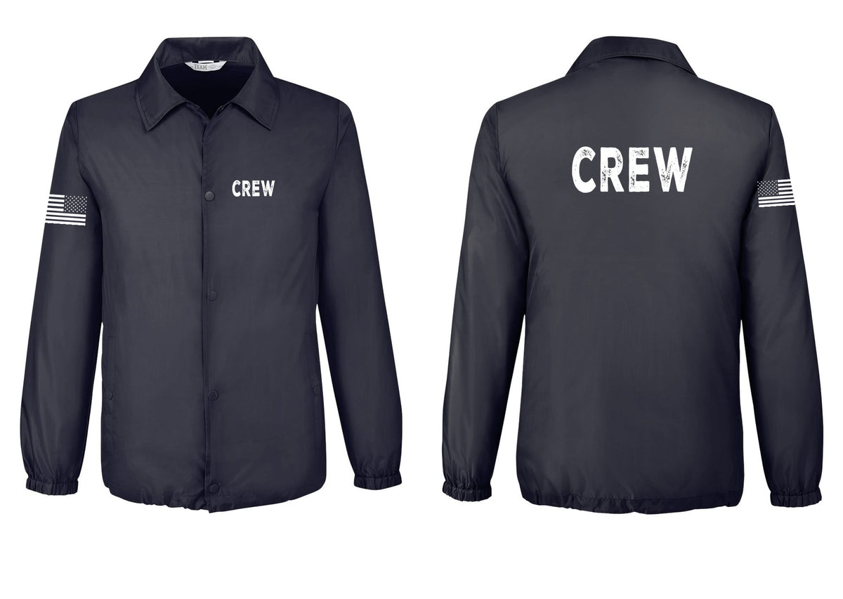 NYC Factory Crew Snap-Front Coaches Jacket for Event Staff & Production Teams (Rustic) - Chest + Back + US Flag Sleeve - Black