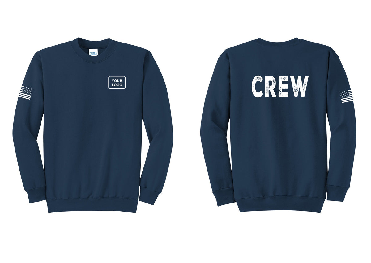 NYC Factory Custom Work Crew Uniform Cotton Fleece Crewneck Sweatshirt with Your Logo (Rustic) - Your Logo + Back + US Flag Sleeve - Navy