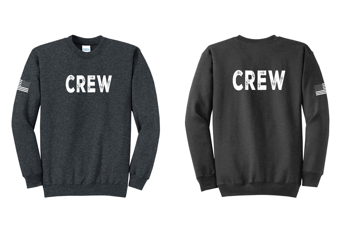 NYC Factory Crew Cotton Fleece Crewneck Sweatshirt for Event Staff & Production Teams (Rustic) - Front + Back + US Flag Sleeve - Dark Heather Grey