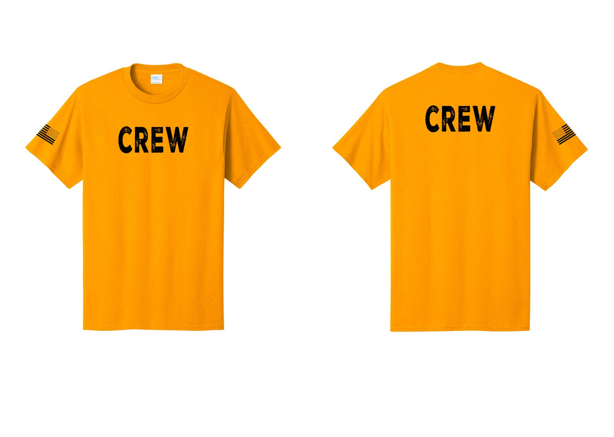 NYC Factory Crew T-Shirt, Rustic Lettering - Front + Back + US Flag Sleeve - Gold