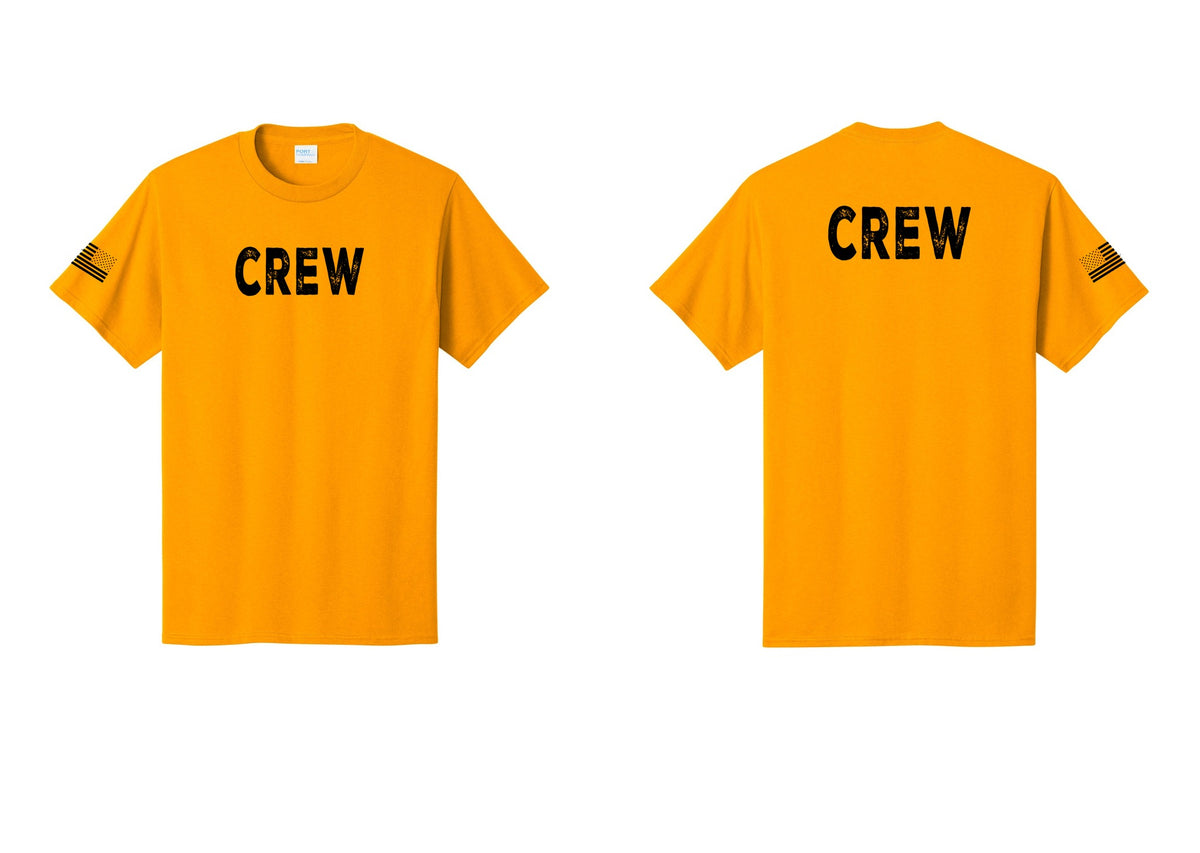 NYC Factory Crew T-Shirt for Event Staff & Production Teams (Rustic) - Front + Back + US Flag Sleeve - Gold
