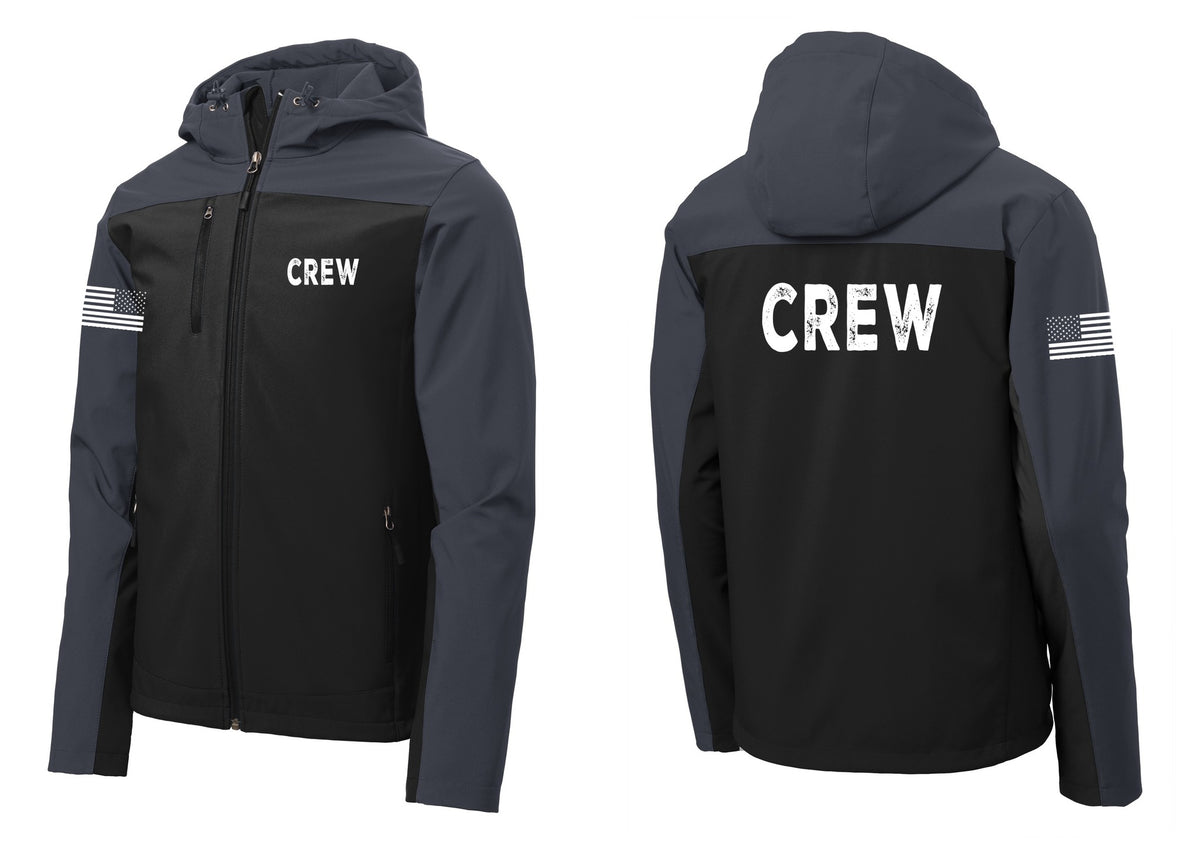 NYC Factory Crew Hooded Soft Shell Jacket for Event Staff & Production Teams (Rustic) - Chest + Back + US Flag Sleeve - Black / Battleship Grey