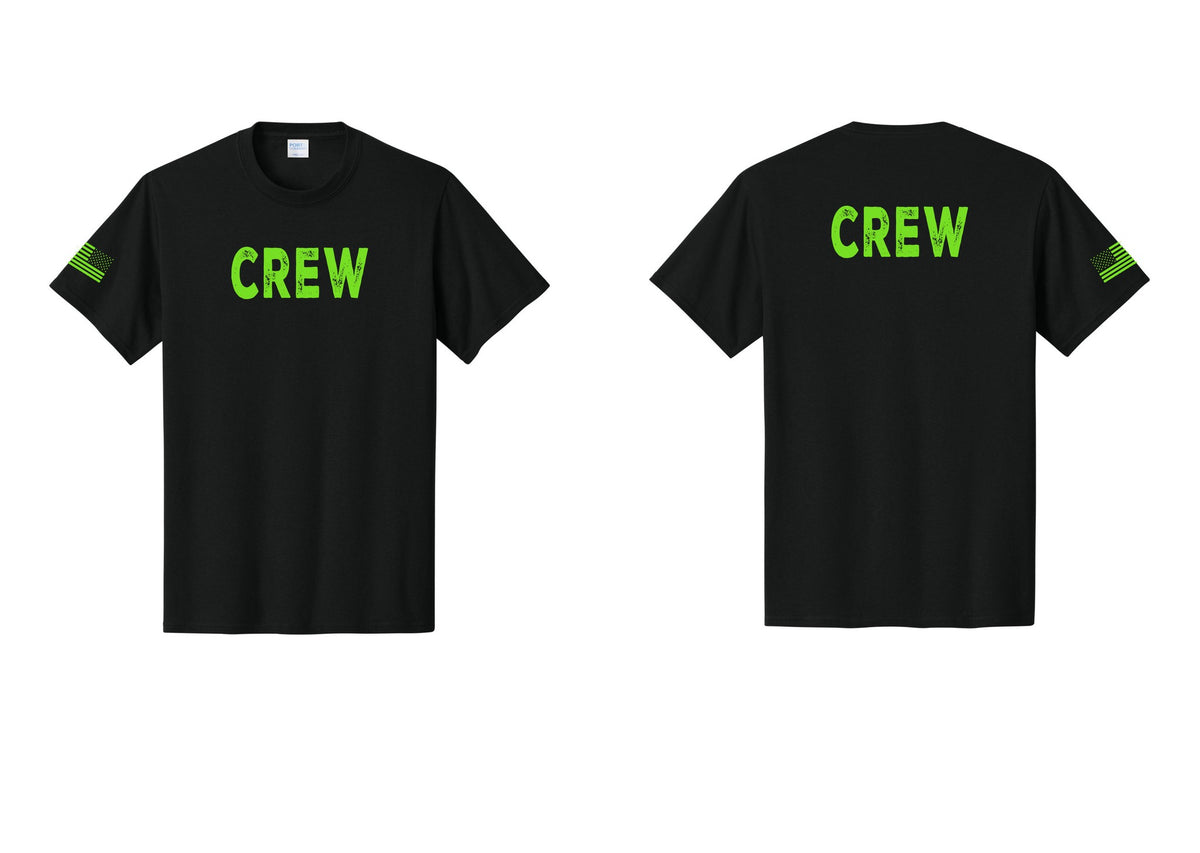 NYC Factory Crew T-Shirt, Rustic Lettering - Front + Back + US Flag Sleeve - Black / Neon
