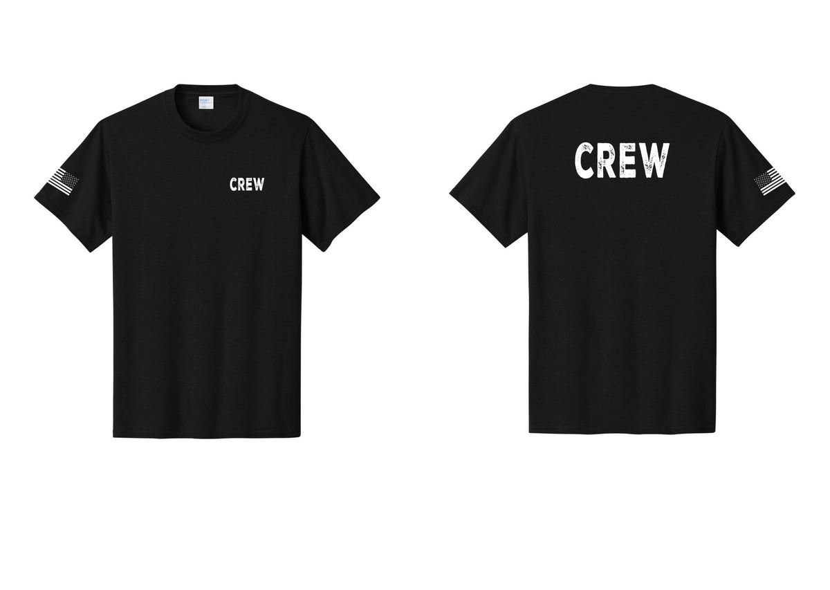 NYC Factory Crew T-Shirt, Rustic Lettering - Chest + Back + US Flag Sleeve - Black