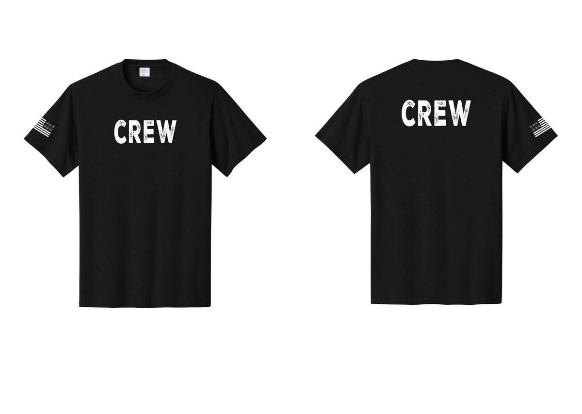 NYC Factory Crew T-Shirt for Event Staff & Production Teams (Rustic) - Front + Back + US Flag Sleeve - Black