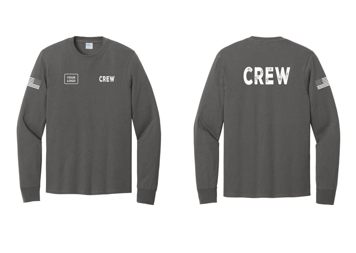NYC Factory Custom Work Crew Uniform Cotton Long Sleeve Tee with Your Logo (Rustic) - CREW + Your Logo + Back + US Flag Sleeve - Charcoal