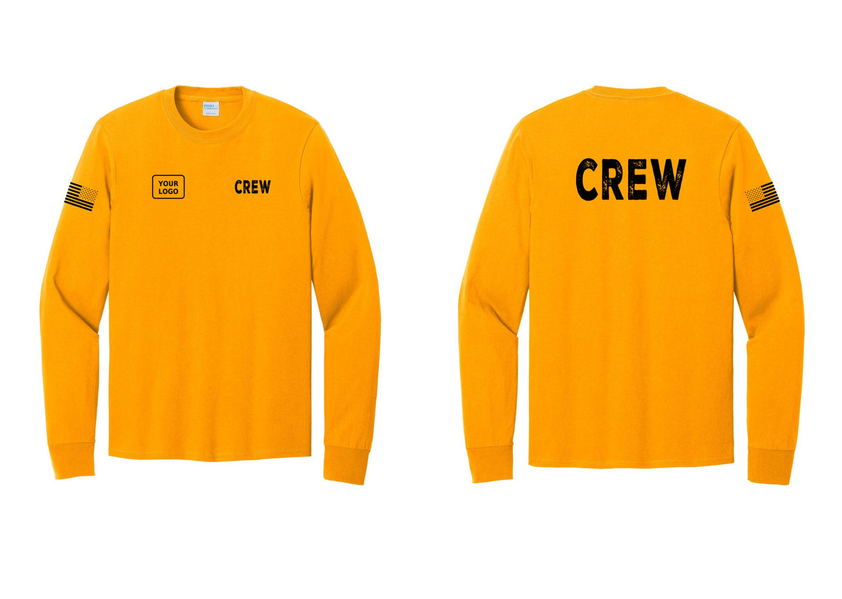 NYC Factory Custom Work Crew Uniform Cotton Long Sleeve Tee with Your Logo (Rustic) - CREW + Your Logo + Back + US Flag Sleeve - Gold