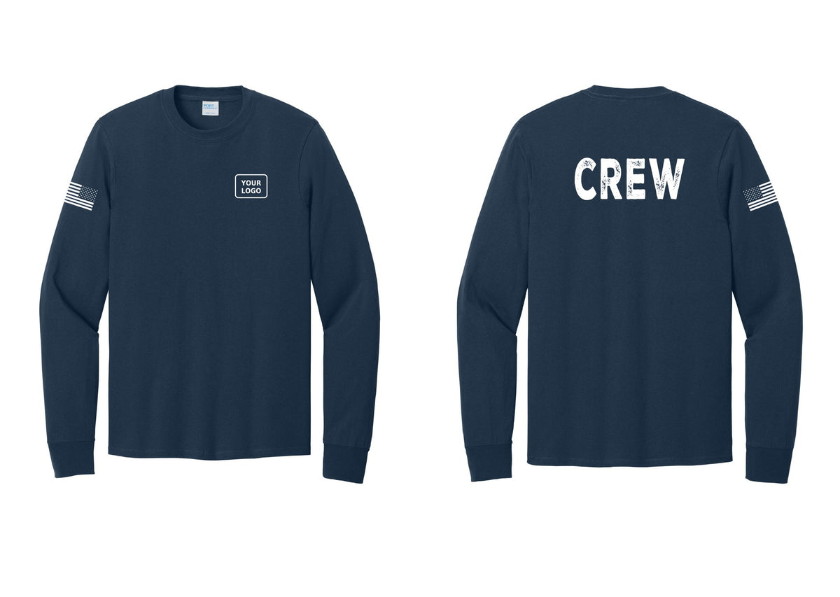 NYC Factory Custom Work Crew Uniform Cotton Long Sleeve Tee with Your Logo (Rustic) - Your Logo + Back + US Flag Sleeve - Navy