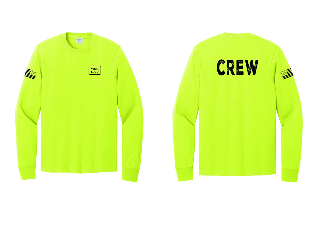 NYC Factory Custom Work Crew Uniform Cotton Long Sleeve Tee with Your Logo (Rustic) - Your Logo + Back + US Flag Sleeve - Safety Green