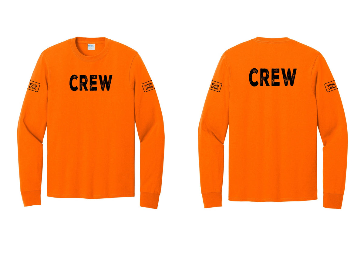 NYC Factory Custom Work Crew Uniform Cotton Long Sleeve Tee with Your Logo (Rustic) - Front + Back + Your Logo Sleeves - Safety Orange