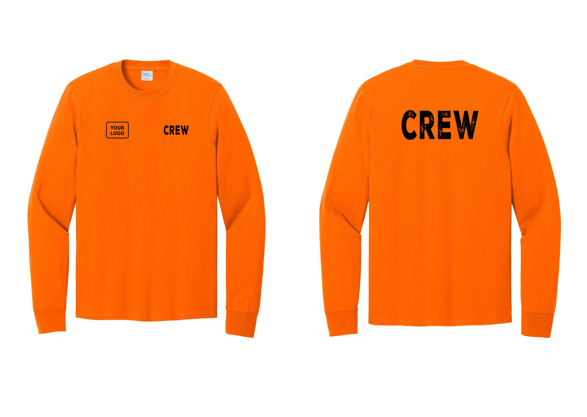 NYC Factory Custom Work Crew Uniform Cotton Long Sleeve Tee with Your Logo (Rustic) - CREW + Your Logo + Back - Safety Orange