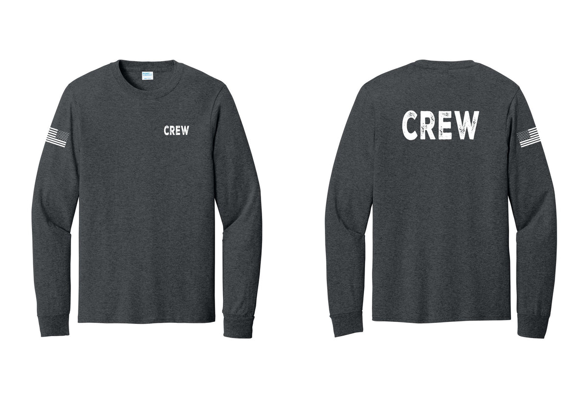 NYC Factory Crew Cotton Long Sleeve T-Shirt for Event Staff & Production Teams (Rustic) - Chest + Back + US Flag Sleeve - Dark Heather Grey