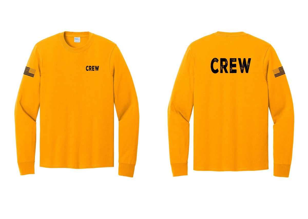 NYC Factory Crew Cotton Long Sleeve T-Shirt for Event Staff & Production Teams (Rustic) - Chest + Back + US Flag Sleeve - Gold