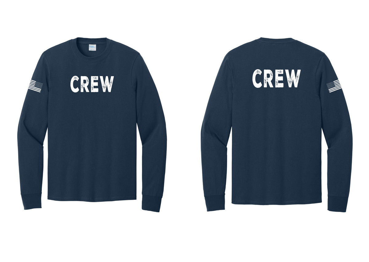 NYC Factory Crew Cotton Long Sleeve T-Shirt for Event Staff & Production Teams (Rustic) - Front + Back + US Flag Sleeve - Navy