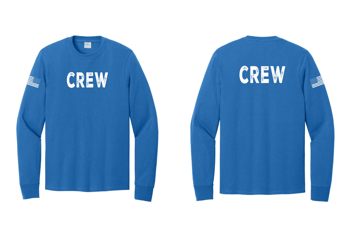 NYC Factory Crew Cotton Long Sleeve T-Shirt for Event Staff & Production Teams (Rustic) - Front + Back + US Flag Sleeve - Royal