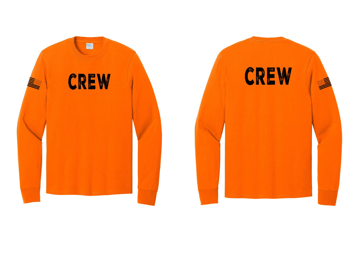 NYC Factory Crew Cotton Long Sleeve T-Shirt for Event Staff & Production Teams (Rustic) - Front + Back + US Flag Sleeve - Safety Orange